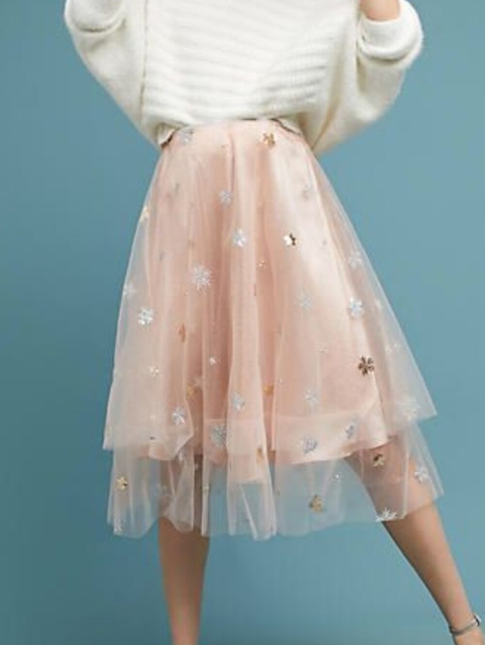 Eva Franco Beatrisa Metallic Snowflake Tulle Midi Skirt Blush Pink